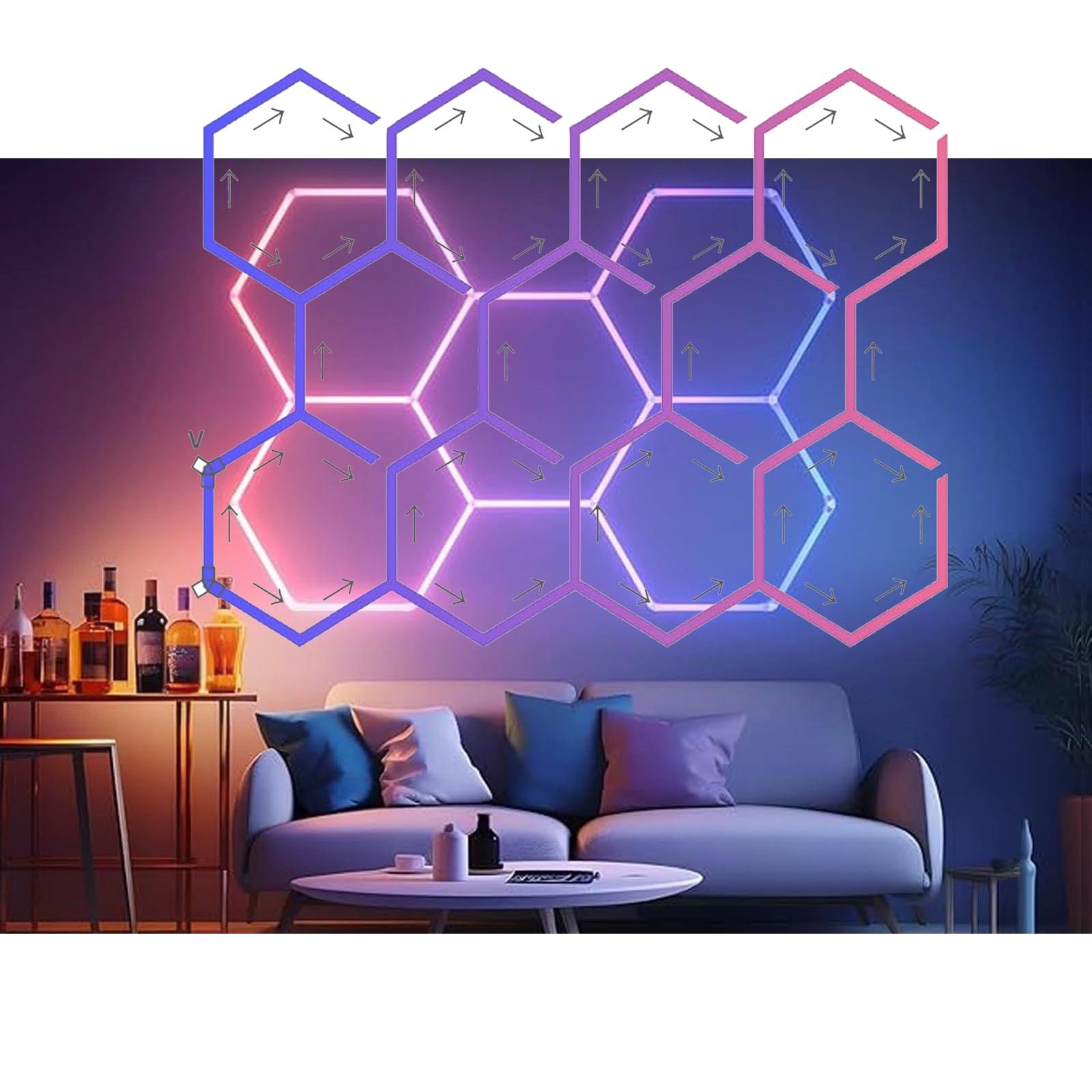 Plafonniers de garage RVB hexagone 11 lumières avec mode musical et télécommande