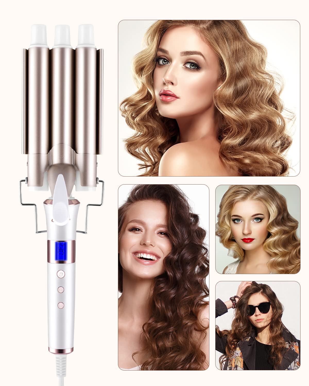 CkeyiN Rizador de Pelo 3 Barriles de 22 mm, Profesional Con Placas de Cerámica de Turmalina, Eléctrico Con Pantalla LCD, Temperatura Ajustable 80℃-230℃, Rosa