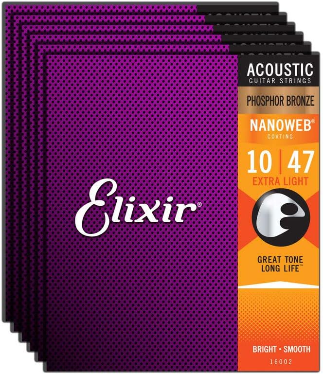 Elixir Phosphor Bronze Nanoweb 16002 Extra Light 10-47 Acoustic Guitar Strings 6-Pack w/Bonus Elixir Polishing Cloth