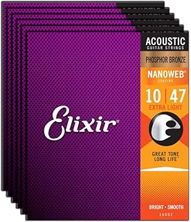 Phosphor Bronze Nanoweb 16002 Extra Light 10-47 Acoustic Guitar Strings 6-Pack w/Bonus Elixir Polishing Cloth