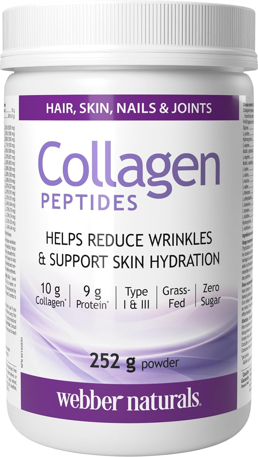 Webber Naturals Collagen Peptides Powder | Help Reduce Wrinkles, Supports Skin, Hair, Joints & Nails | 10 g Collagen + 9 g Protein Per Scoop | Grass-Fed | Unflavoured, 252 g