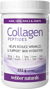 Poudre de peptides de collagène Webber Naturals | Aide à réduire les rides, soutient la peau, les cheveux, les articulations et les ongles | 10 g de collagène + 9 g de protéines par portion | Nourri à l'herbe | Sans saveur, 252 g
