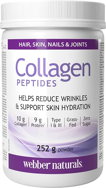 Poudre de peptides de collagène Webber Naturals | Aide à réduire les rides, soutient la peau, les cheveux, les articulations et les ongles | 10 g de collagène + 9 g de protéines par portion | Nourri à l'herbe | Sans saveur, 252 g