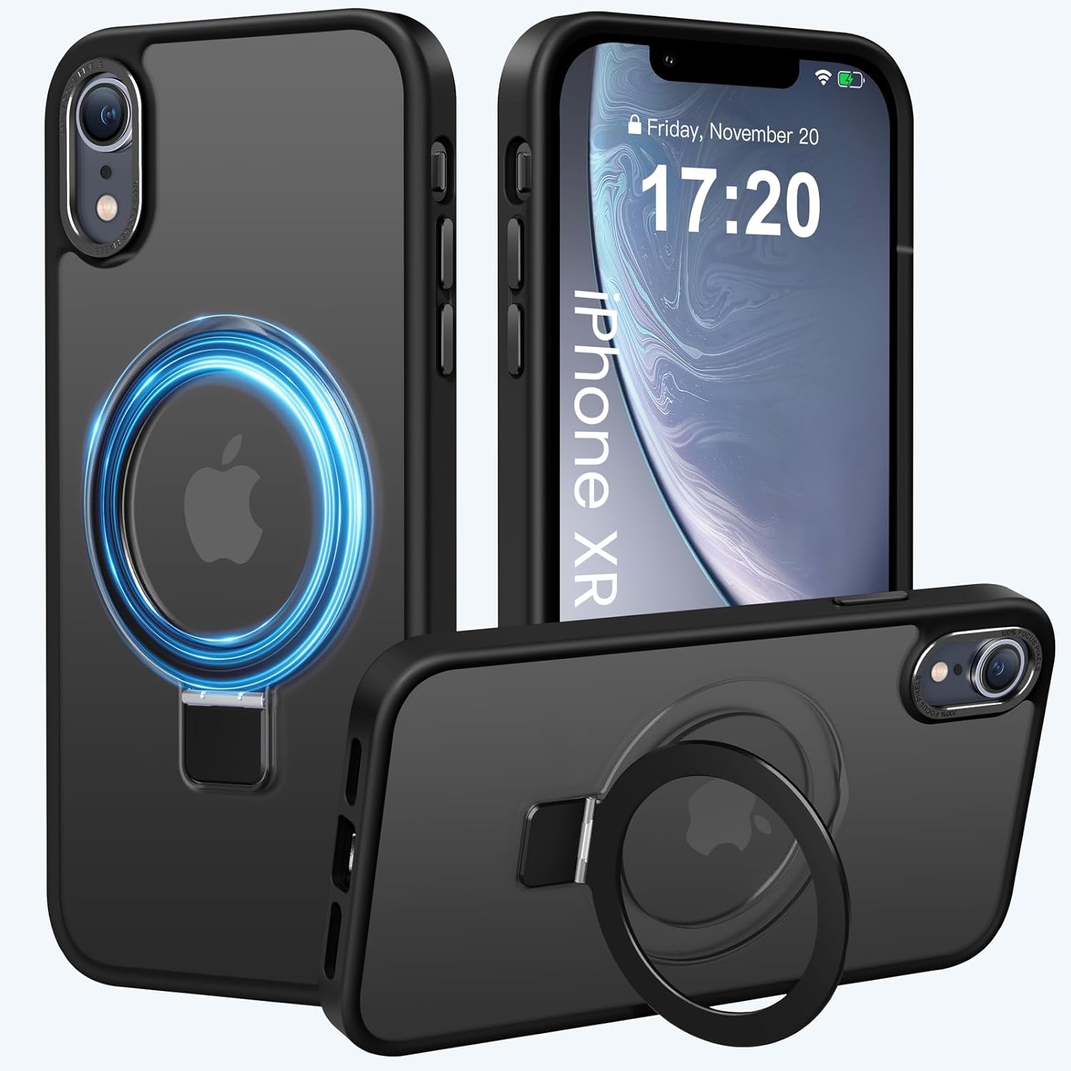 Compatible with iPhone XR Case with Magnetic Ring Stand, Military Drop Protection, Anti-Scratch/Anti-Fingerprint Translucent Matte Phone Case for iPhone XR (Black)