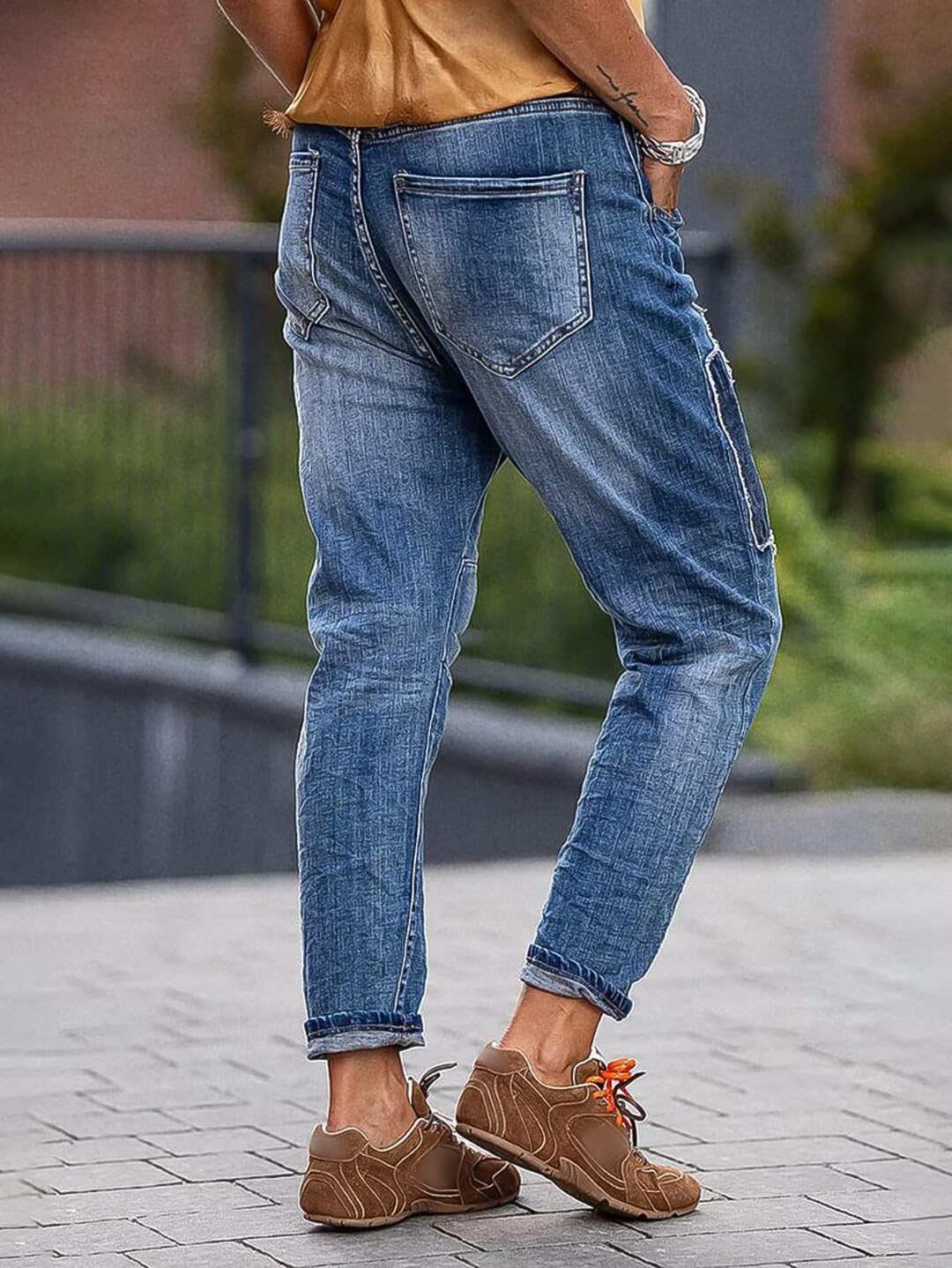 Flamingals Low Rise Straight Leg Casual Wash Ripped Patchwork Distressed Button Fly Denim Jeans