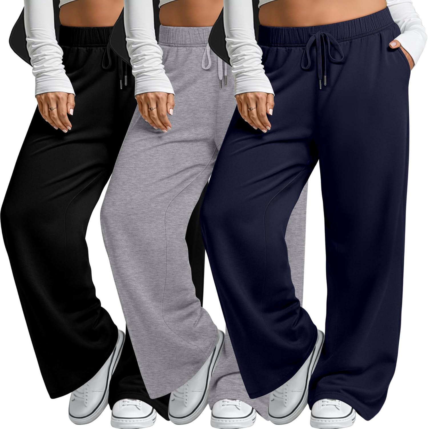 3 Pack Women's Plus Size Wide Leg Pants Drawstring Lounge Pants with Pockets Loose Yoga Sweatpants Casual Jogger