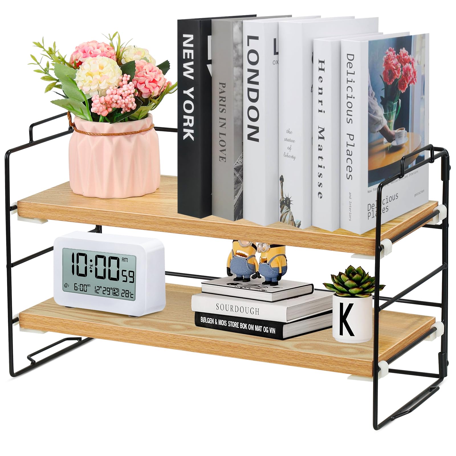 JIIKOOAI Desk Shelf Organizer, 2 Tier Desk Storage Organizer, Adjustable Desktop Display Shelf, Multipurpose Bookcase Stand for Office, Home, and Countertop Storage