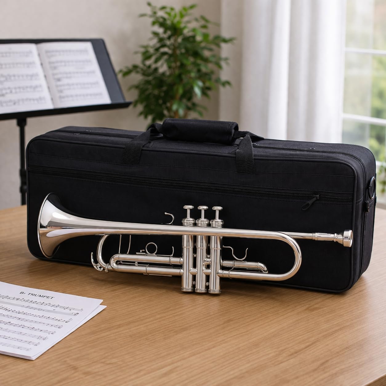 Bb Standard Trumpet for Students & Beginners, Brass Trumpet Set with Hard Case, 7C Mouthpiece, Cleaning Cloth & Gloves, Silver Nickel