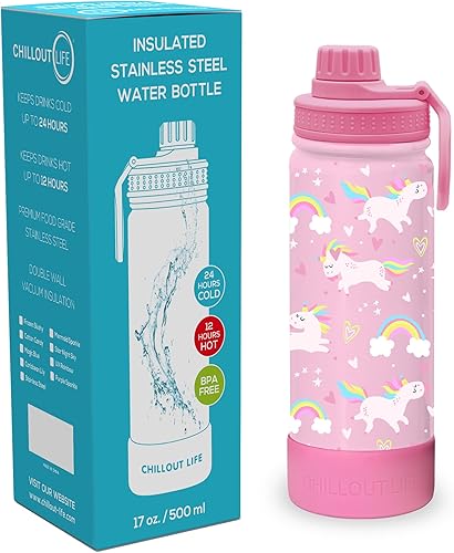 Miniatura 2 de CHILLOUT LIFE Botella de agua aislada para niños de 17 onzas para la escuela con tapa de boquilla a prueba de fugas y lindos adhesivos impermeables,