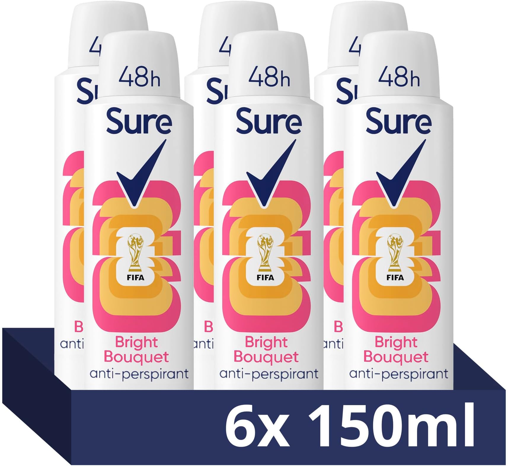 Sure Women Bright Bouquet Deodorant Body Spray Antiperspirant with a strawberry, apricot & vanilla fragrance and 48 hour sweat and odour protection 150 ml, Pack of 6
