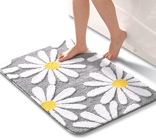 Miniatura 7 de Alfombras de baño azules con diseño de margaritas alfombra de baño con flores blancas y amarillas antideslizante alfombra de baño de microfibra