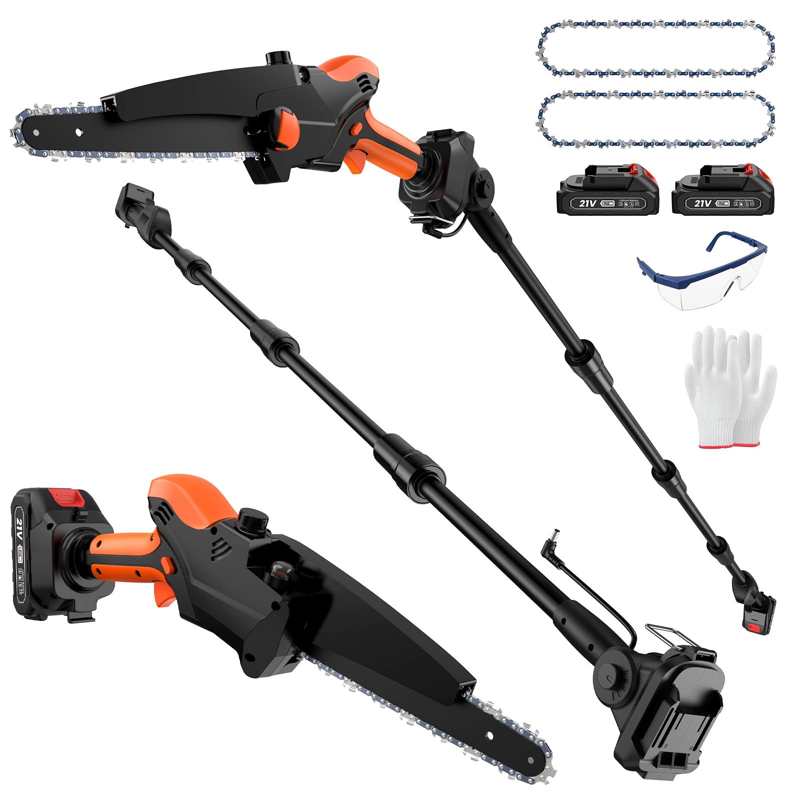 2-IN-1 Pole Saw &amp; 8" Mini Chainsaw Battery Powered with 2 x 21V Batteries