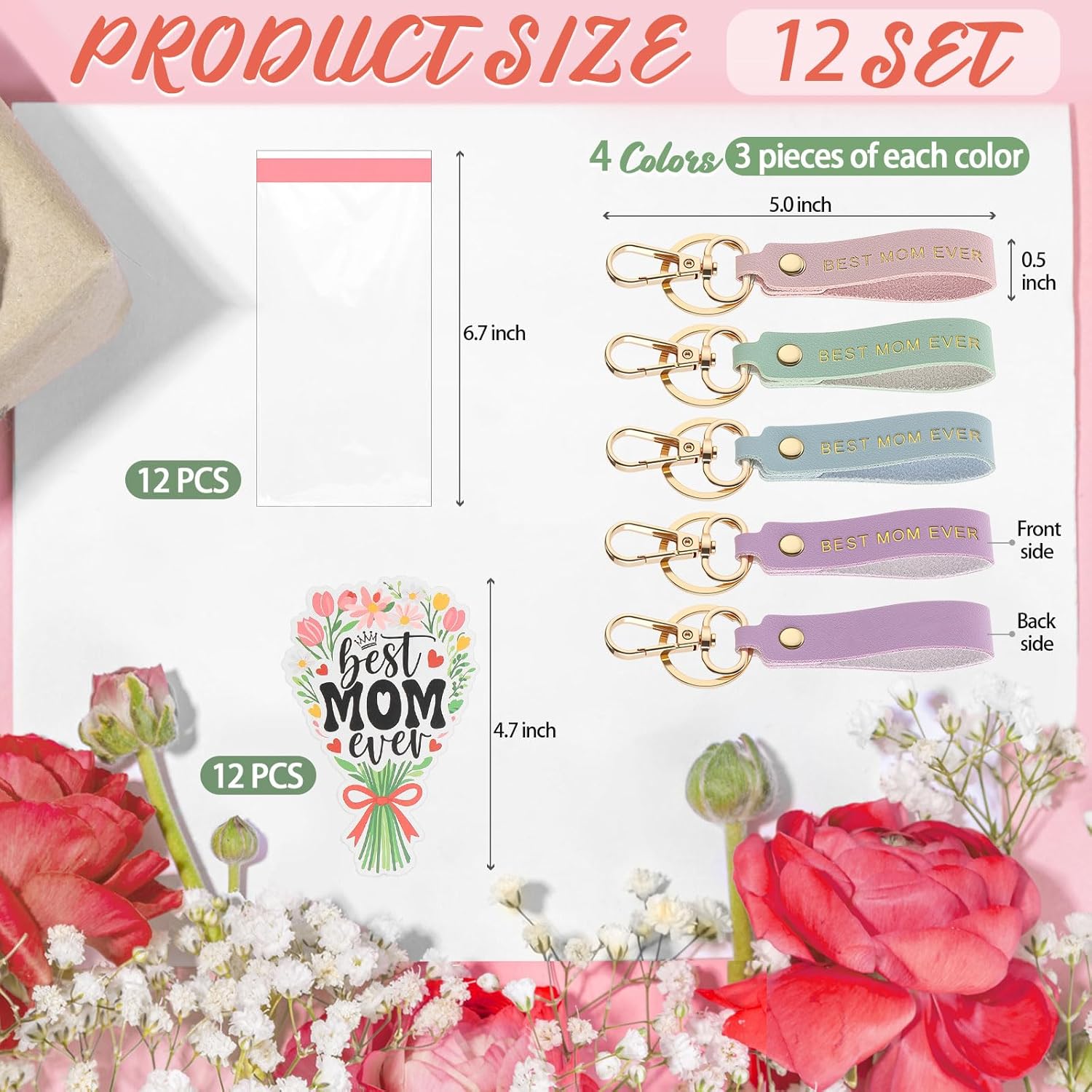Tondiamo 12 Set Mothers Day Gifts Bulk Best Mom Ever Keychains with Flower Card Bag, PU Leather Appreciation Gift for Women