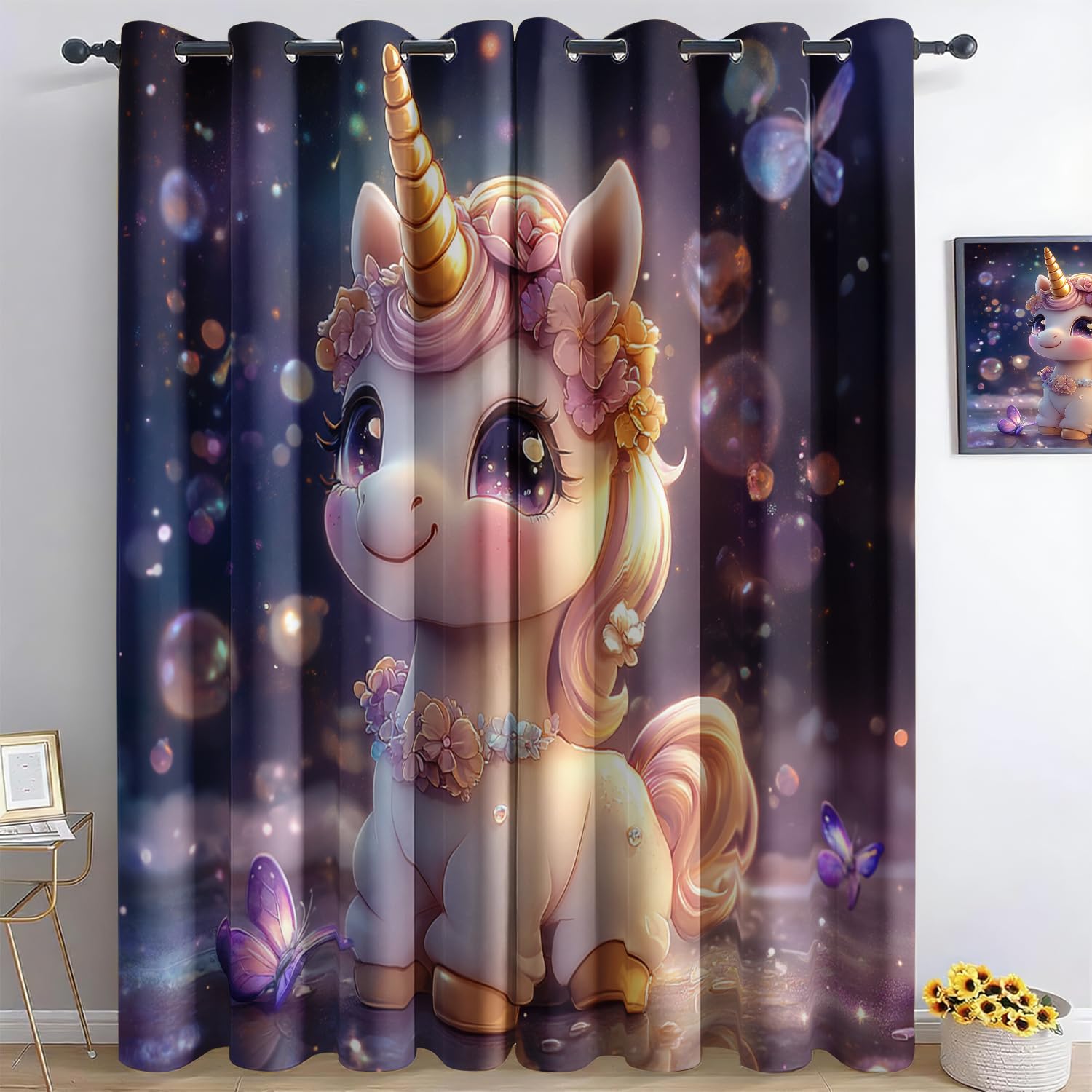 Générique Licorne 3D Imprimé Oeillets Opaque Thermiques Rideau Fenetre Anti Bruit Décoration 220X215Cm pour Salon Cuisine Bébé Rideau Occultant 2 Pièces pour Chambre d'enfant