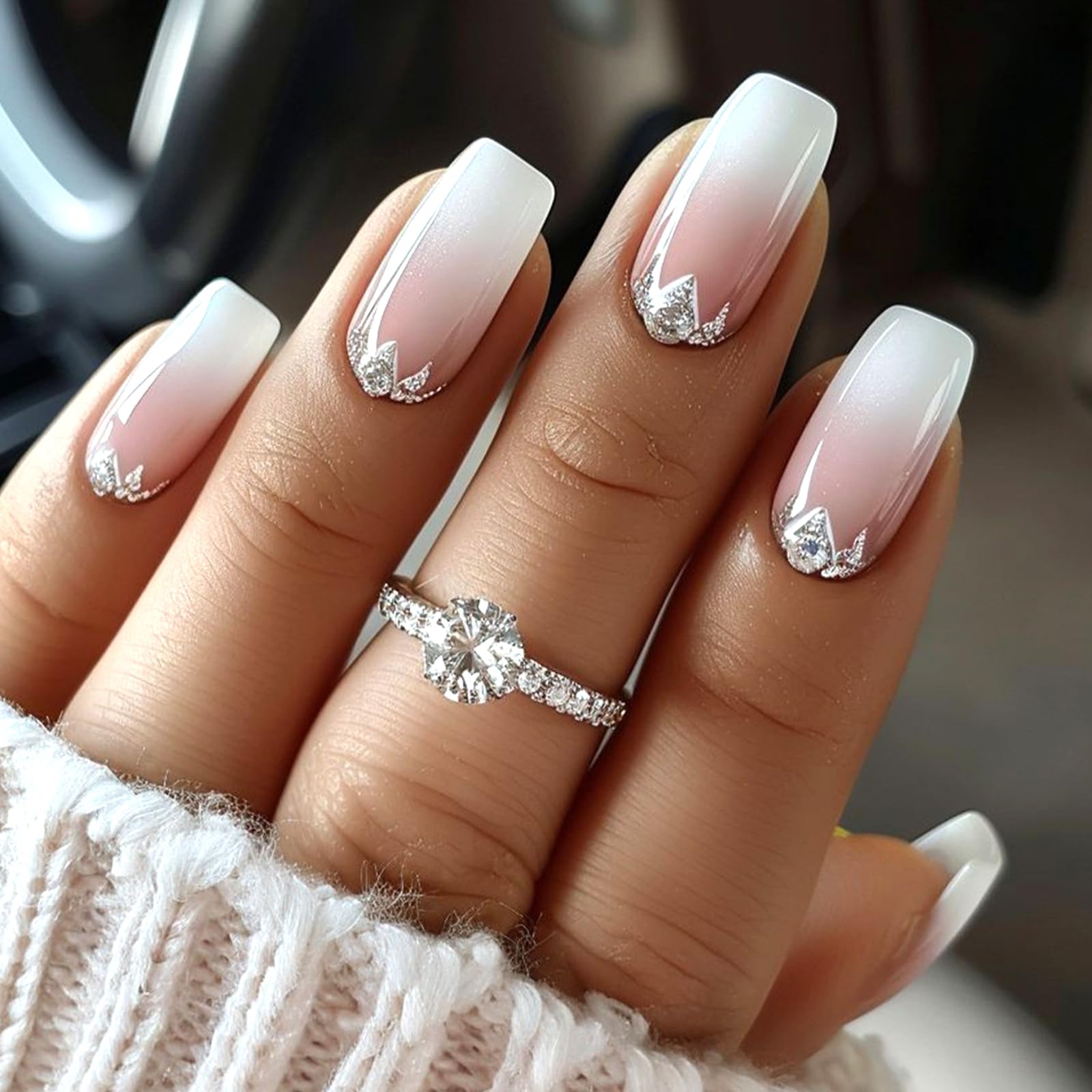 Ceboic 24 Stück Nägel Zum Aufkleben Eckig Mittellang, French Press on Nails Rosa Weiß Farbverlauf Künstliche Nägel, Glitzer Ballerina Fingernägel zum Aufkleben Full Cover Fake Nails für Frauen Mädchen