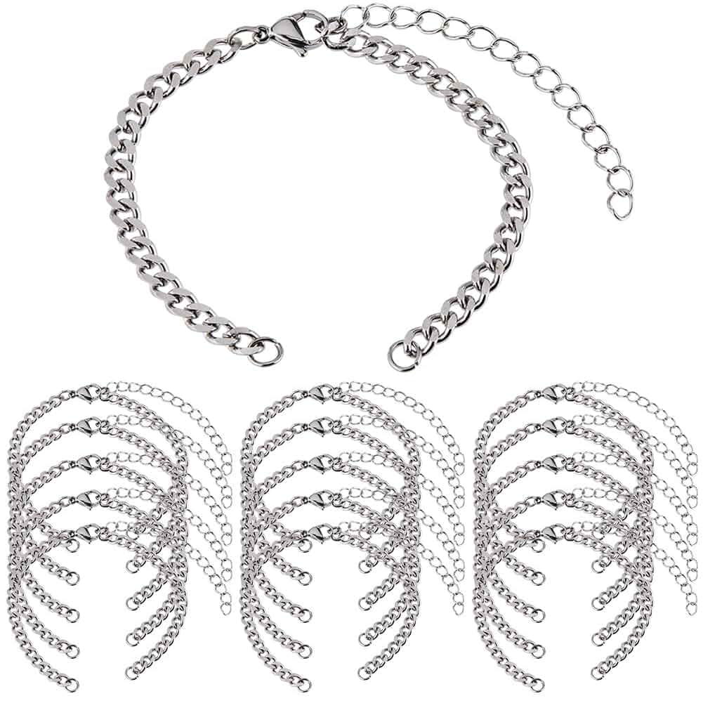 SUNNYCLUE 1 Box 16Pcs Stainless Steel Bracelet Chains Adjustable Slider Chain Bracelets Bulk with Lobster Clasp Metal Silver Extension Links for Jewelry Making FindingsDIY Women Men Crafts