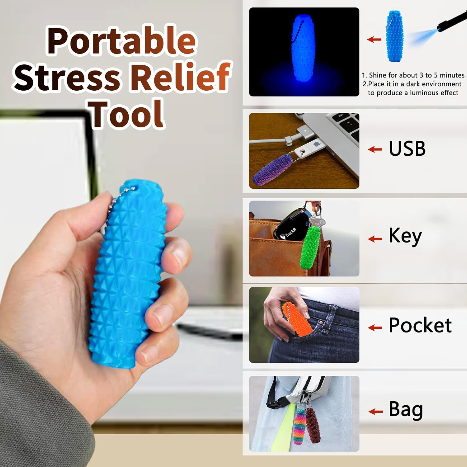 6PCS Little Pain Relief for Adults, Color Change & Glow, Keychain Sensory for Stress Relief & Focus, Unique Texture Grip Keychains for Stress Relief
