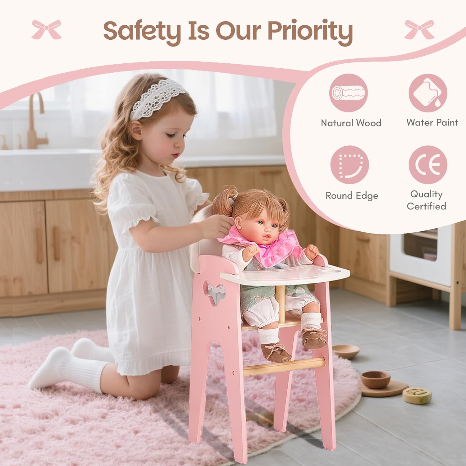 Giant bean Wooden Baby Doll High Chair with Feeding Set, Pretend Play Feeding Seat for Dolls, Includes Bib, Utensils, Bottles & Plate, Toddler Role Play Furniture for 18 Inch Dolls - Image 6