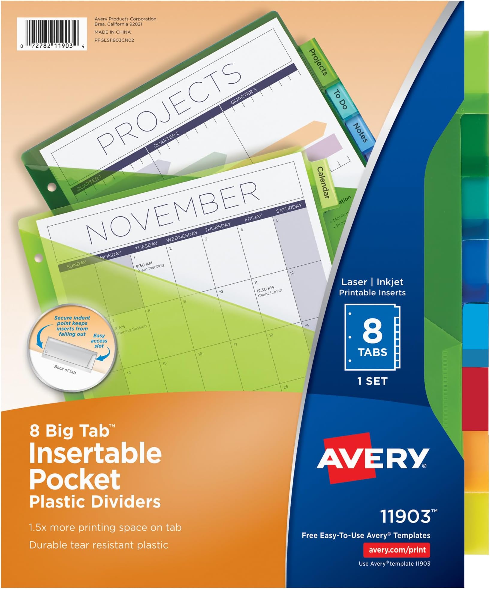 Insertable Plastic Dividers for 3 Ring Binders, 8 Tabs per Set, Big Tabs, One Pocket, Multicolor Binder Dividers, Works with Sheet Protectors (11903)