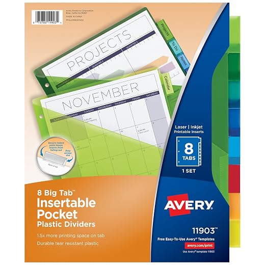 Avery Big Tab Insertable Plastic Dividers with Pockets, 8 Multicolor Tabs, 1 Set (11903)