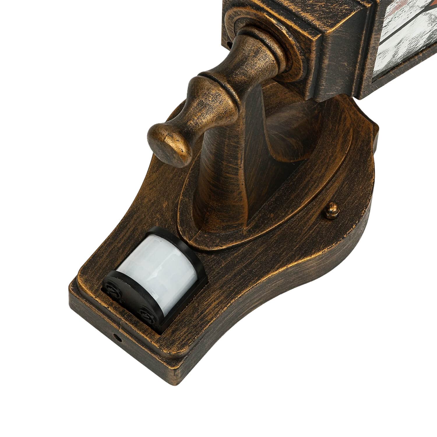 Licht-Erlebnisse Außenleuchte mit Bewegungsmelder in Kupfer Antik IP44 Hof Garten H:37,5 cm E27 max. 60 W Tiffany Rustikale Sensor Wandlampe SALZBURG