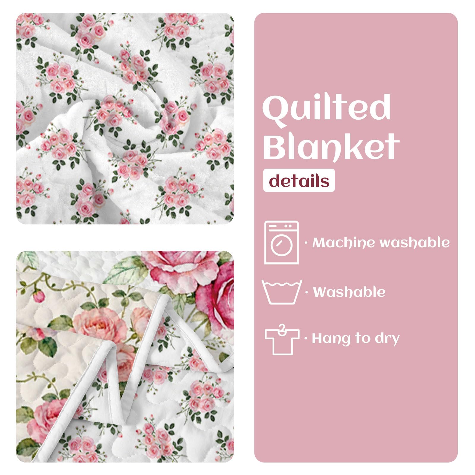 GLOBLELAND Rose Gesteppte Tagesdecke 150x130 cm rosa Blume leichte Decke Steppdecke wendbar floral Patchwork für Couch Sessel Sofa Bett Homeoffice Zimmer Geschenk