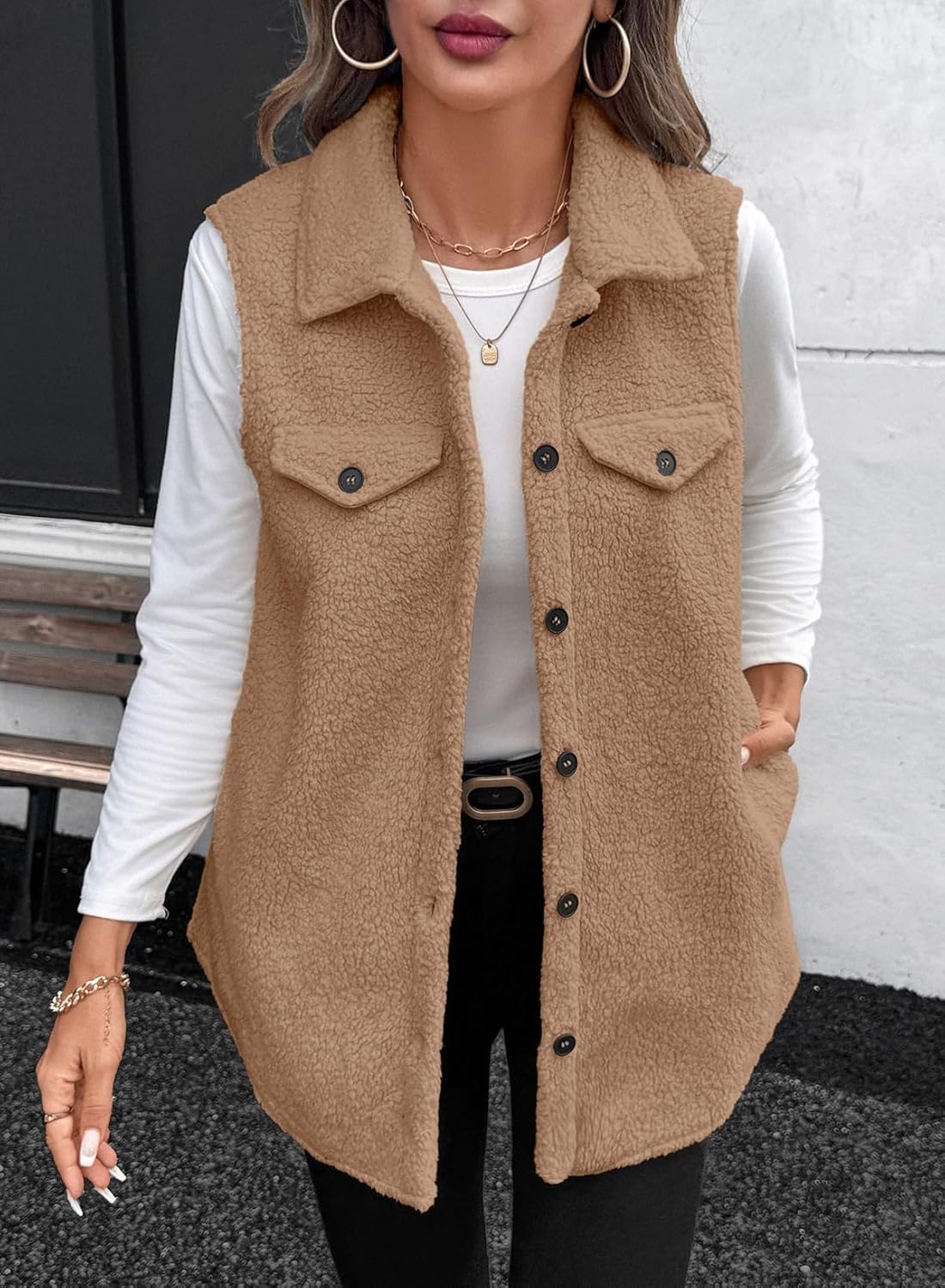 EVALESS Womens Warm Sherpa Fleece Sleeveless Button Down Long Vest Sherpa Jackets Coat Outerwear - Image 3