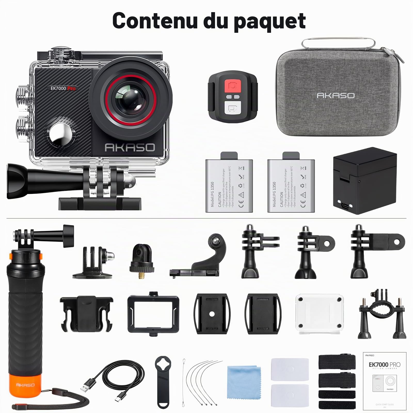 AKASO EK7000 Pro Caméra Sport Kit de Poignée Flottant - Comprend 20MP Camera Sport 4K 30FPS avec Trépied Selfie Stick de 60CM pour Action Caméra Sportive, Sac de Rangement, 2 Batteries et Plus