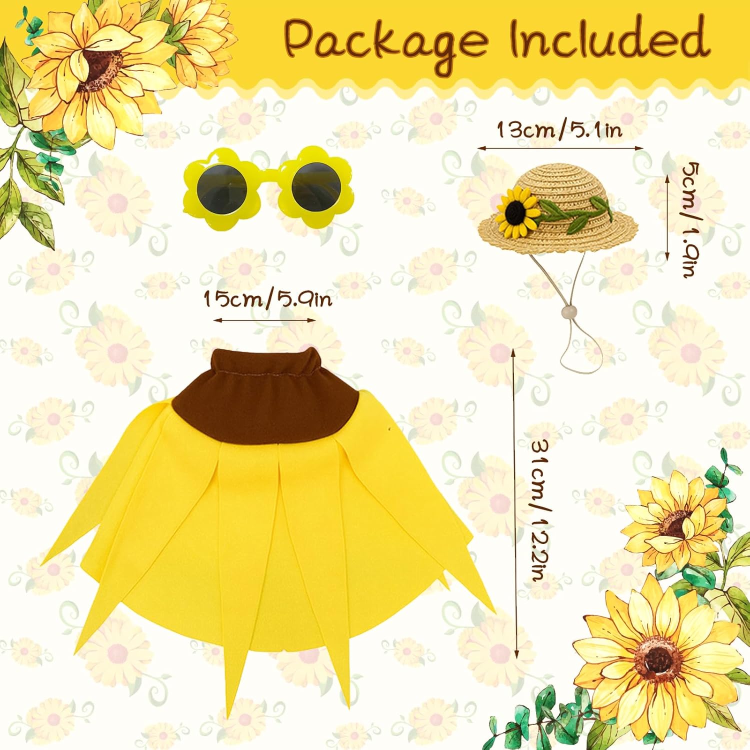 MASU&FHWE Sunflower Goose Outfit Spring Costume Set, Dress with Straw Hat and Sunglasses for 23" Cement Goose Statue, Outdoor Garden Yard Patio Lawn Decor - Image 2