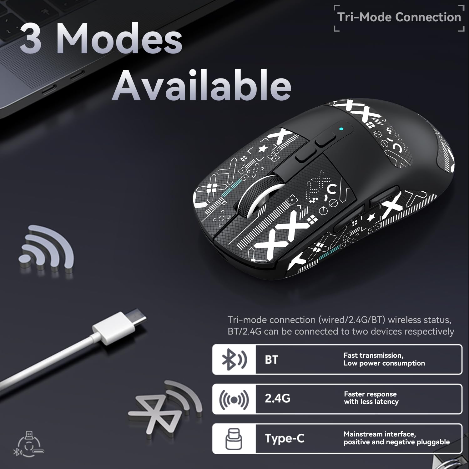 ATTACK SHARK X6 49g SUPERLIGHT Maus mit magnetischer Ladestation, PixArt PAW3395 Gaming-Sensor, BT/2,4G kabellose/kabelgebundene Gaming-Maus mit Band, 26000 DPI, X3 Upgrade-Mäuse für Win11 (Schwarziß)