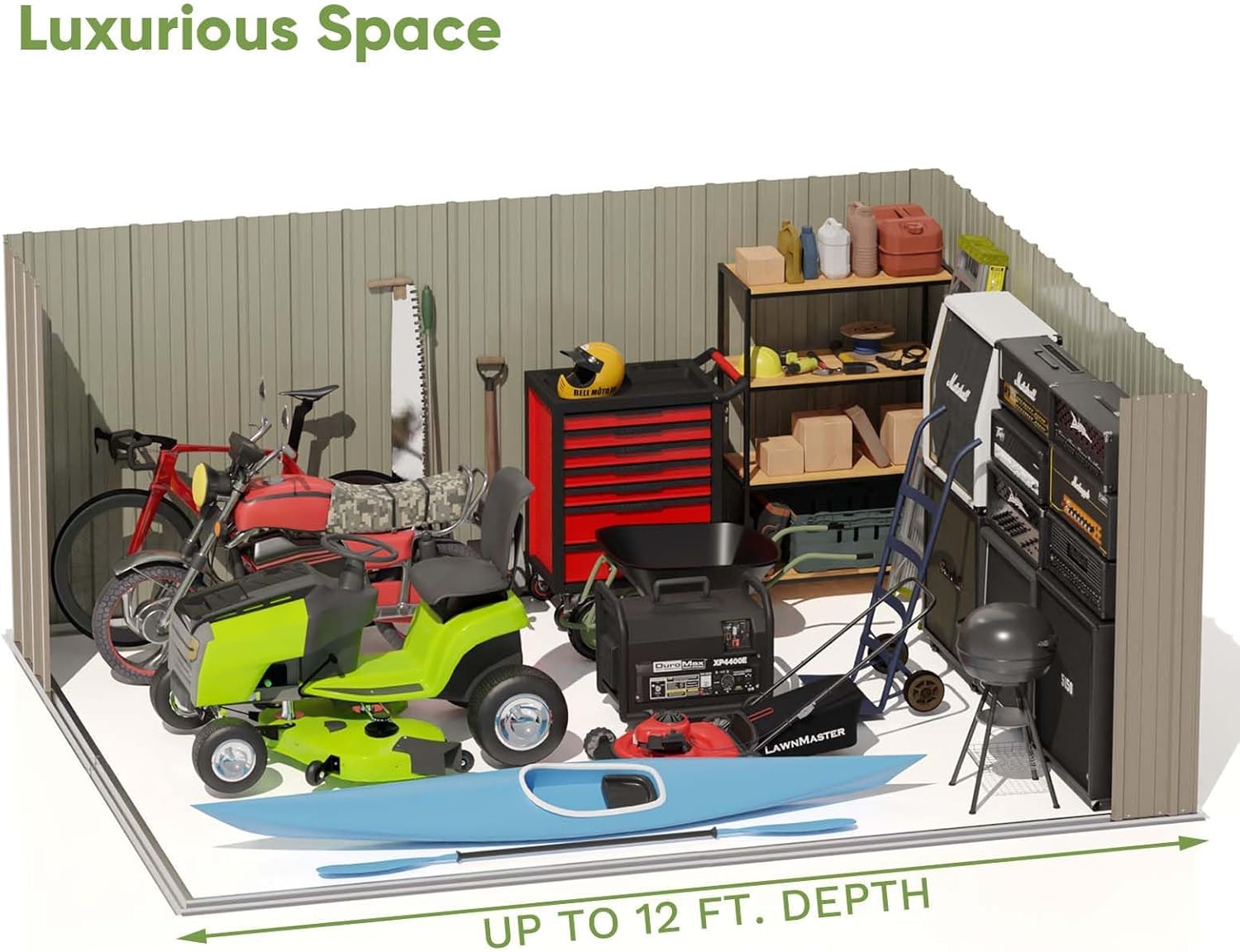 Interior view of the Patiowell storage shed showing various garden tools, lawn equipment, and other items stored neatly, illustrating its spacious capacity.