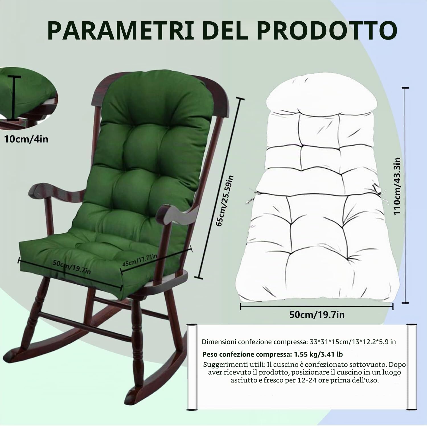 Cuscino Impermeabile per Sedia da Esterno con Schienale Alto e Laccetti (110x50cm, Spessore 8-10cm) - Adatto a Sedie a Dondolo, Patio, Giardino e Interni - per Mobili da Terrazza(M)