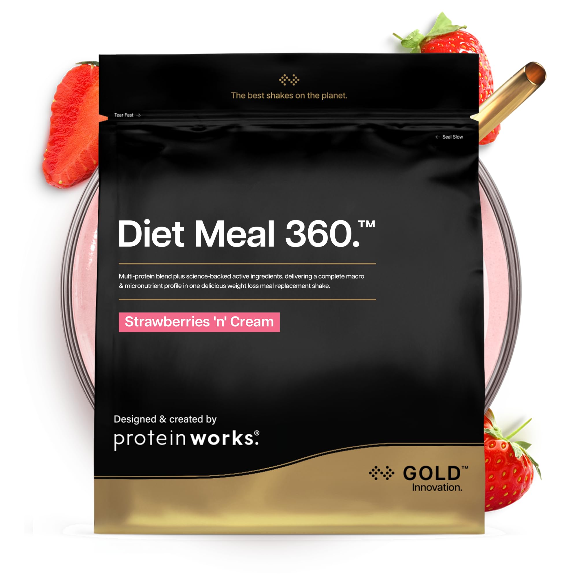 Protein Works | Diet Meal 360 - GOLD Innovation, Diet Meal Replacement Shake, Supports Weight Loss, 24 Vitamins & Minerals, Added Flaxseed, Inulin, Omega 3, Strawberries 'n' Cream, 28 Meals, 2kg