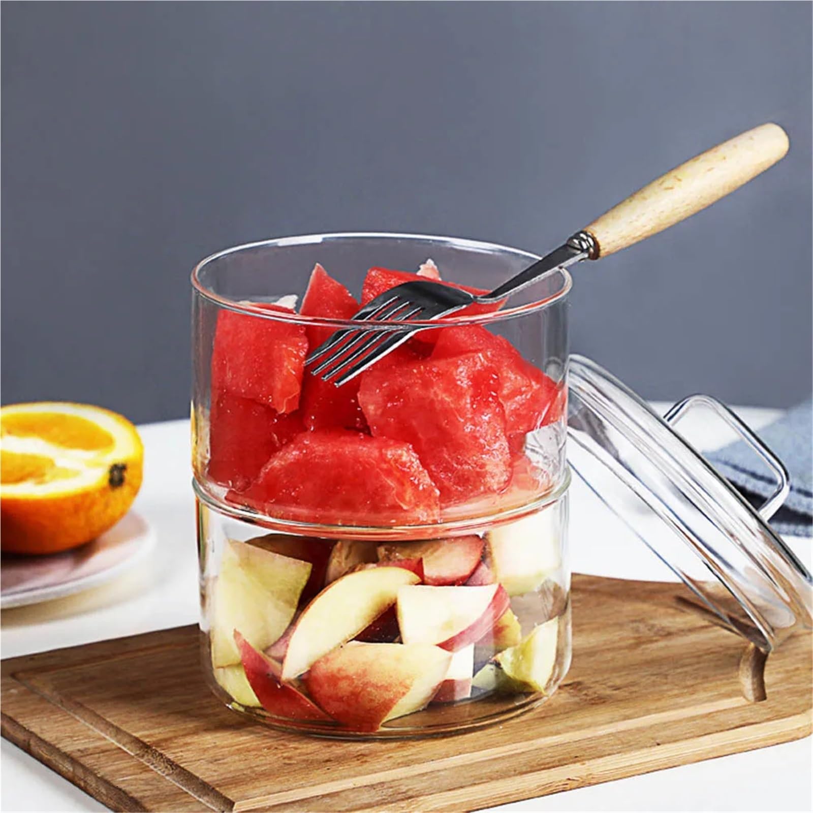 Ensaladeras Cuenco de vidrio resistente al calor con tapa Stackabe, cuencos redondos for ensalada de frutas, contenedor de almacenamiento de alimentos de cocina transparente, 2 uds. Para Cereales, Ens