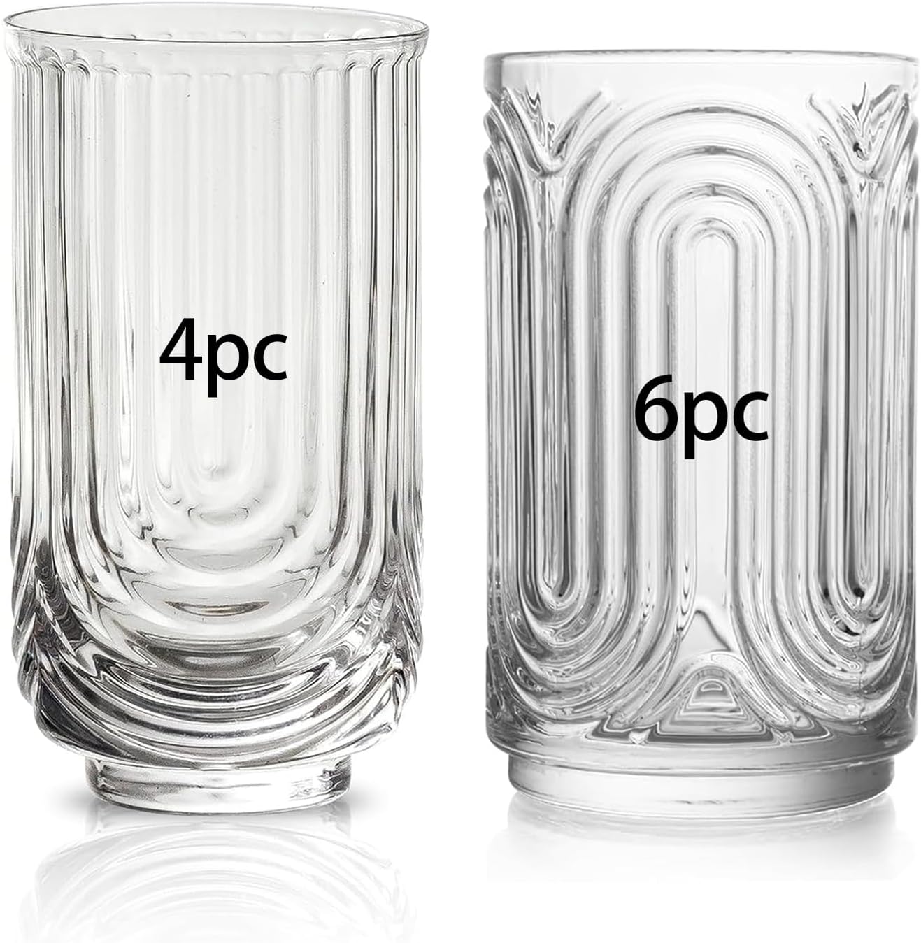 INSETLAN Set of 10 (2 Types) Vintage Glassware Arch Design Glass cups, Fashioned Ripple Glassware Highball Glass, Classic Transparent Cocktail Glasses, for Bar Beverages Ice Coffee Juice Water