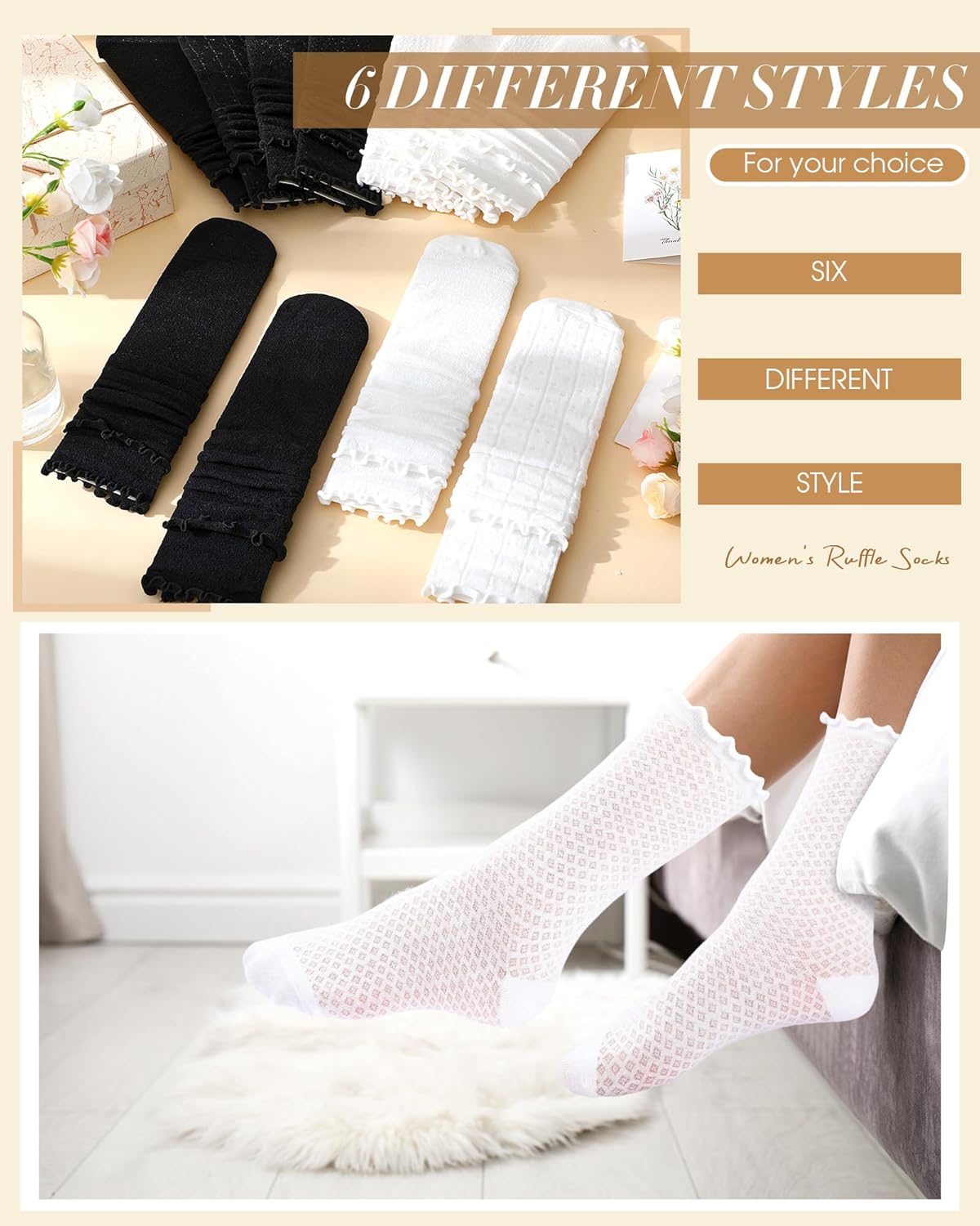 12 Pairs Women's Ruffle Socks Lace Cotton Frilly Ankle Socks for Women White and Black Mesh Casual Crew Sock Christmas Gift - Image 5