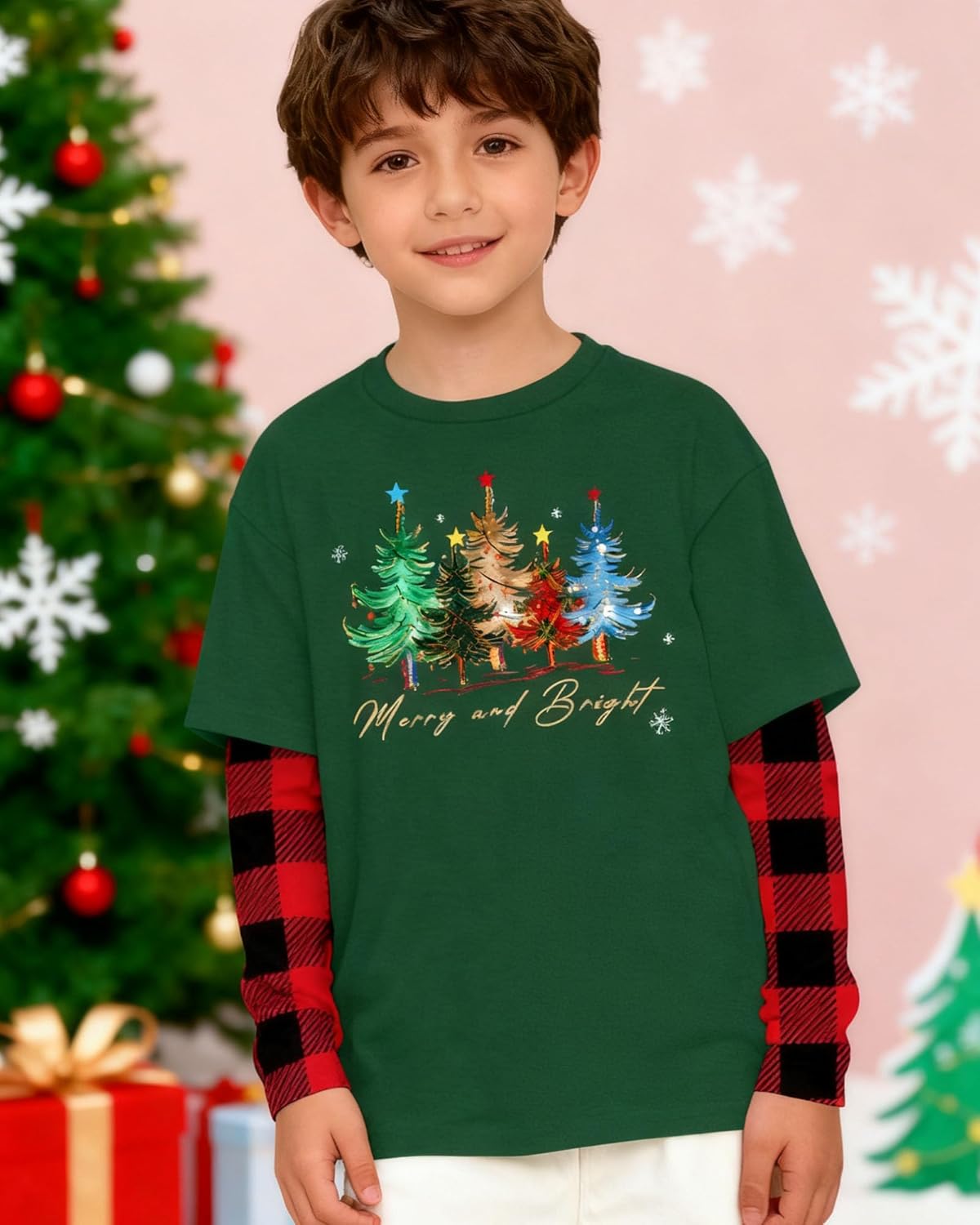 Christmas Shirts for Kids Girls Boys Christmas Tree Graphic Tee Xmas Long Sleeve Stripe Plaid Tops - Image 3