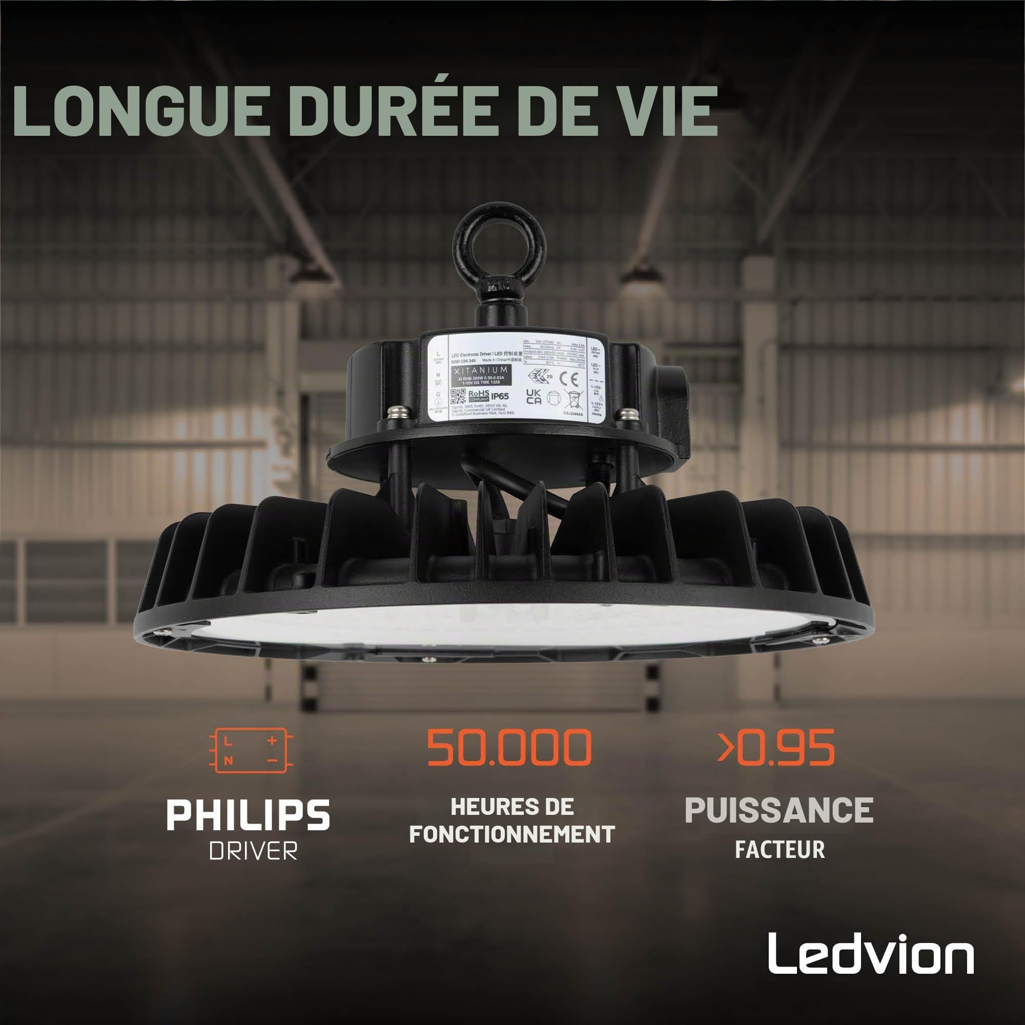 Ledvion LED High Bay Projecteur IP65 200-160-120W 175 lm 4000K dimmable