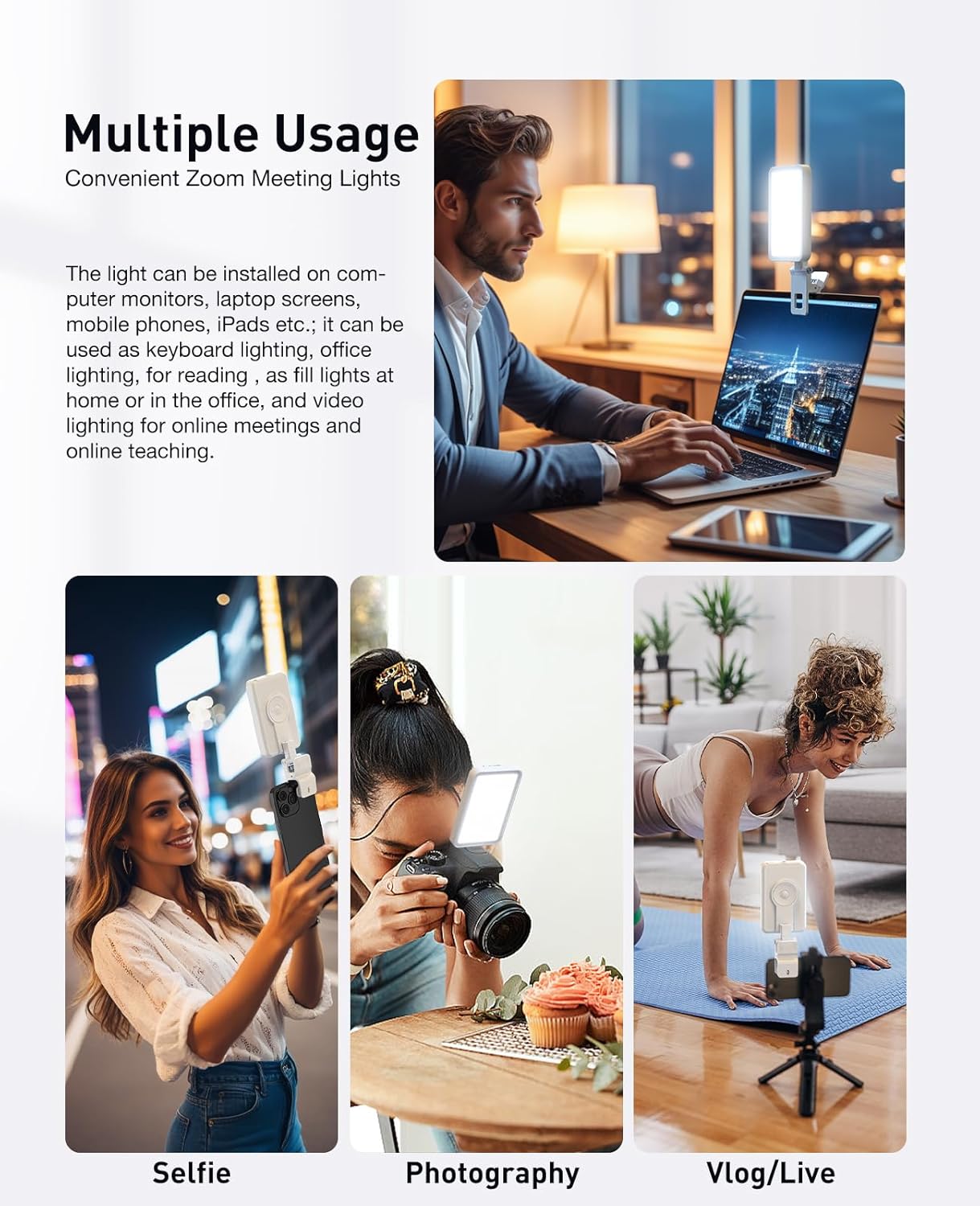 80 LED Phone Light, Selfie Light, 2000Mah Rechargeable Clip Video Light, Adjusted 3 Light Modes, for Phone, Camera, Laptop, iPad, Light for Phone for Selfie, Video Conference, TikTok, Vlog