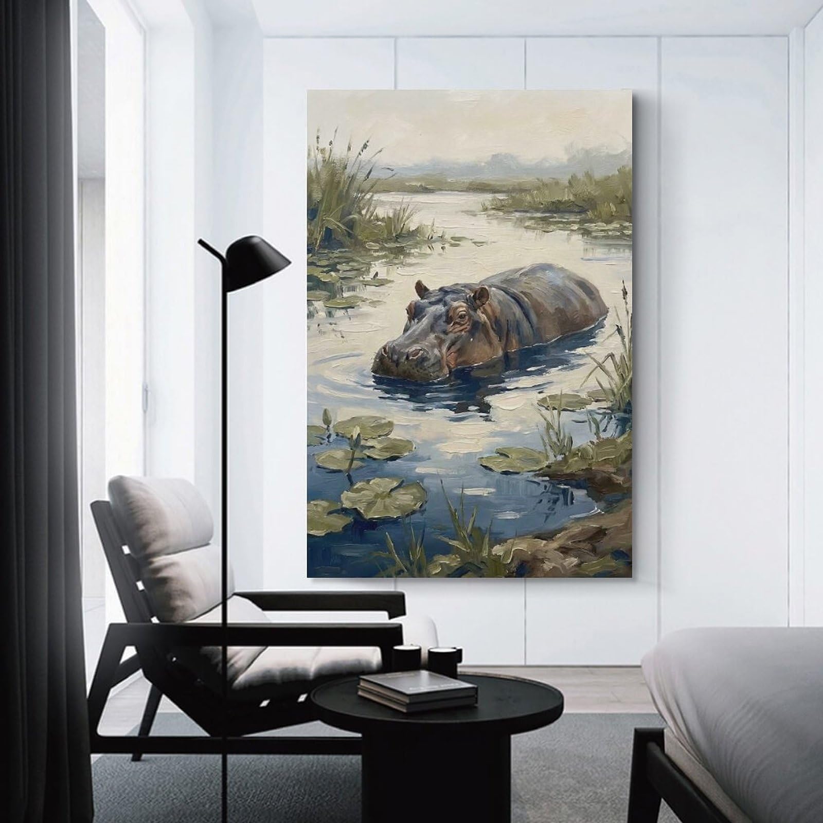 Junmoney Wall Picture Print Hippopotamus in A Lily Pond, 24x36inch(60x90cm), for Living Room, Bedroom Or Home Office, Home Decor Gift with Stylish Appeal