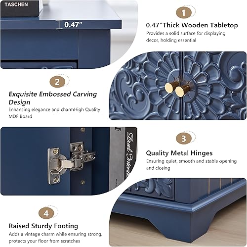 Miniatura 4 de Mesa auxiliar de granja con puerta floral tallada, mesita de noche de 24 pulgadas de ancho con estante ajustable, mesa auxiliar cuadrada de madera