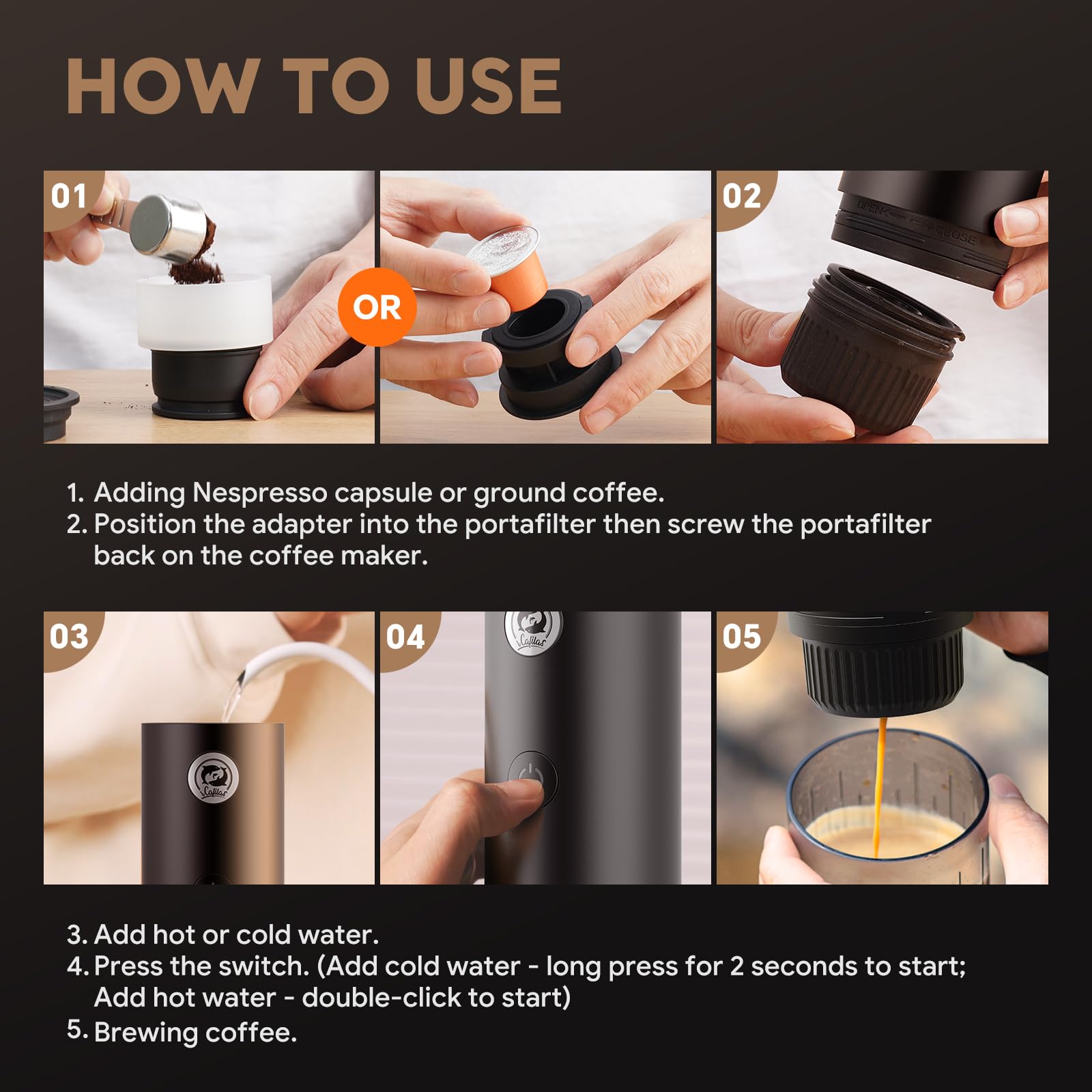 Cafetera espresso portátil con autocalentamiento, cafetera eléctrica de viaje de 19 bares para campamento y coche, mini máquina de espresso 2 en 1 compatible con cápsulas Nespresso y café molido