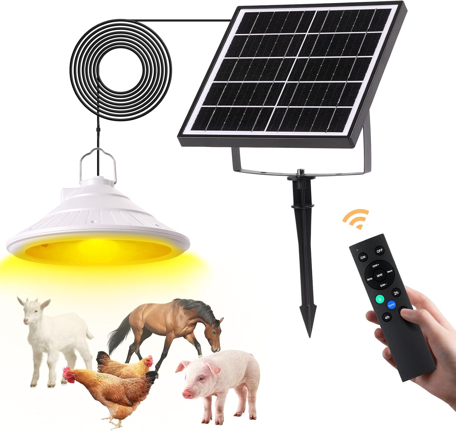 Solar Chicken Coop Light with Timer | Three-Color Dimmable LED, IP66 Waterproof Hanging Ceiling Pendant Light Suitable for Poultry Farms,Coops,Patio,Camping,Garage etc (White)