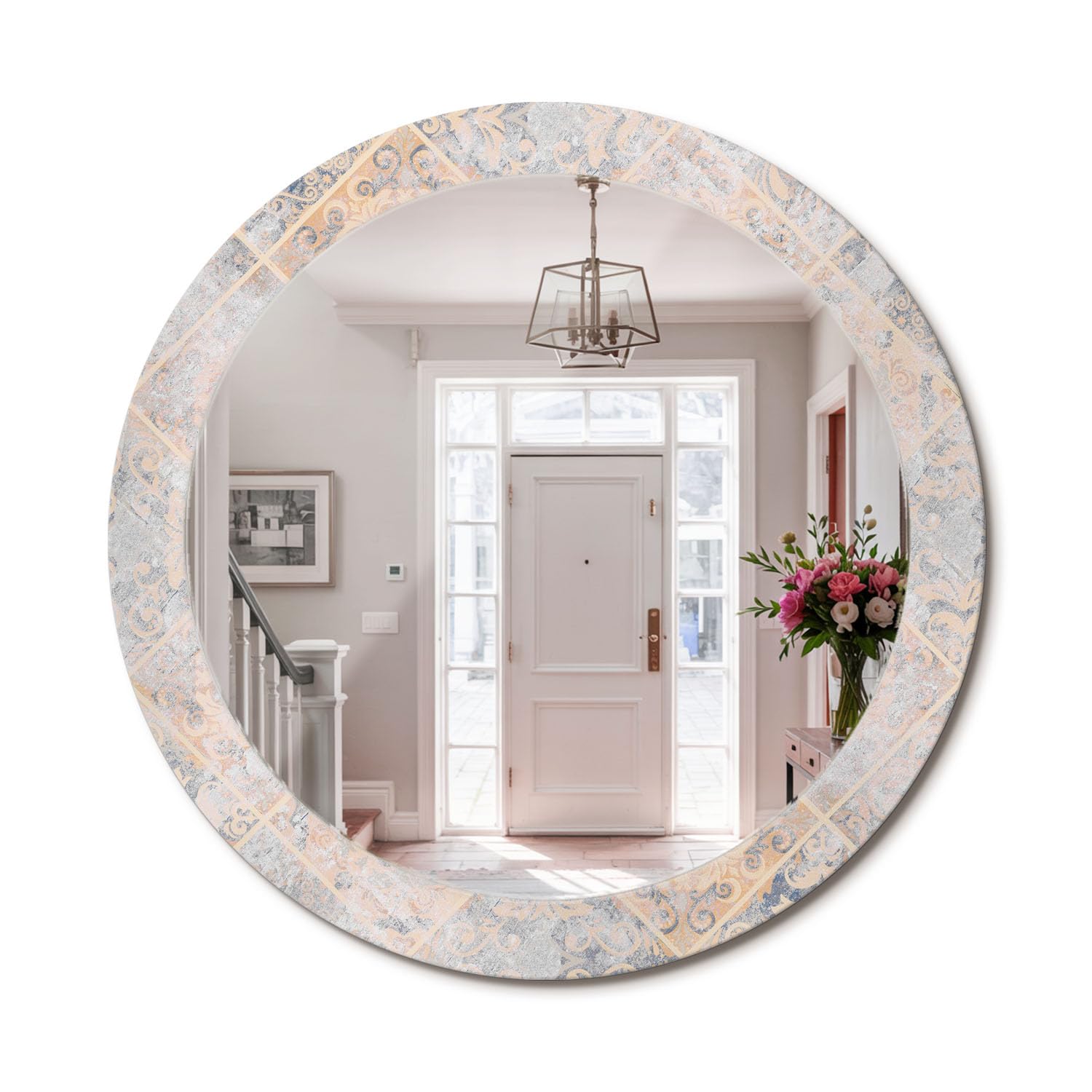 Miroir mural rond en verre imprimé pour agrandir une entrée sombre