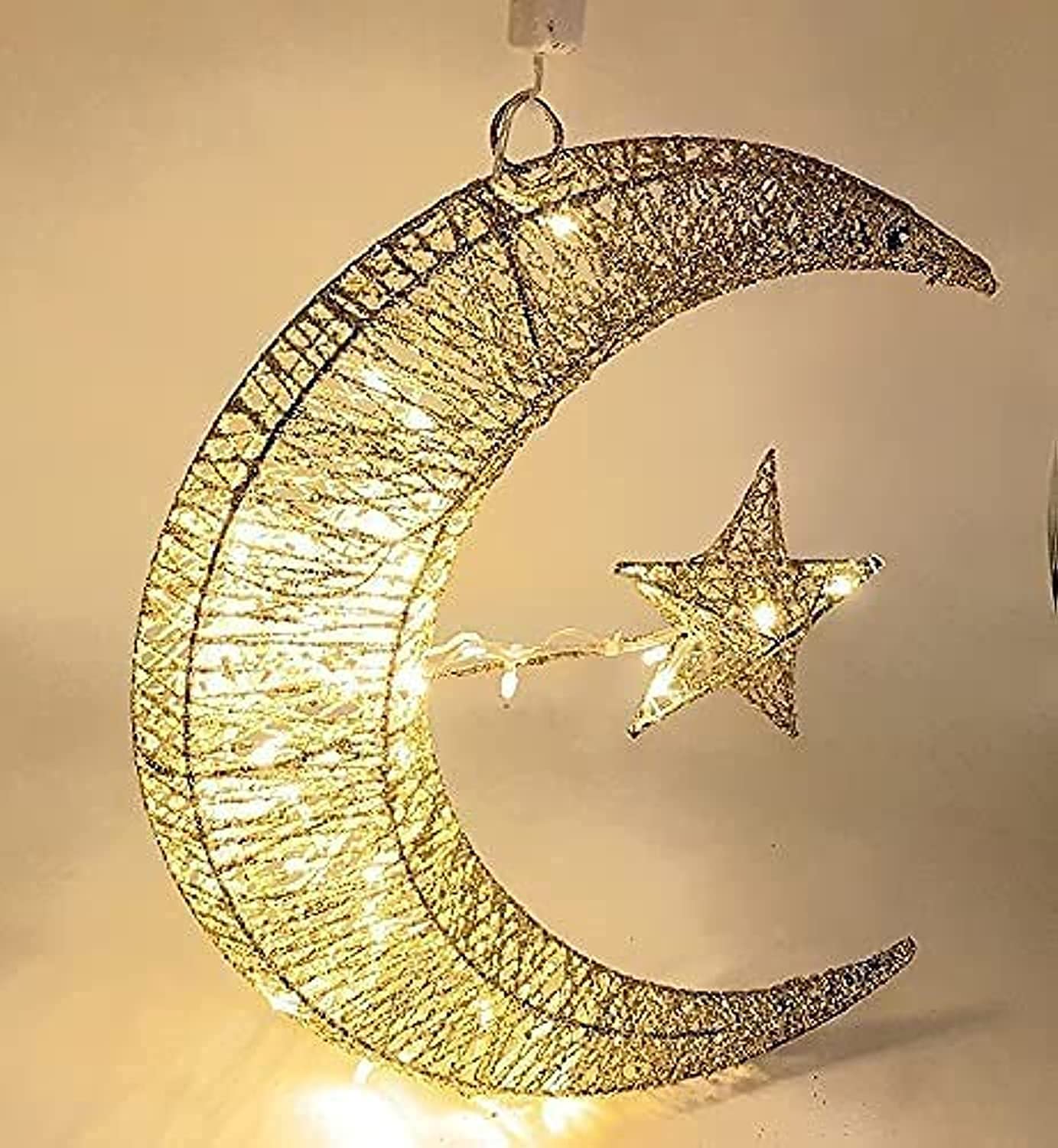 30cm Ramadan Crescent Lighting Lantern EID Mubarak 3D Hilal Crescent Golden 30 LED Moon Star Light, Ramadan Kareem Home Decoration Moon Star Warm White Battery Powered