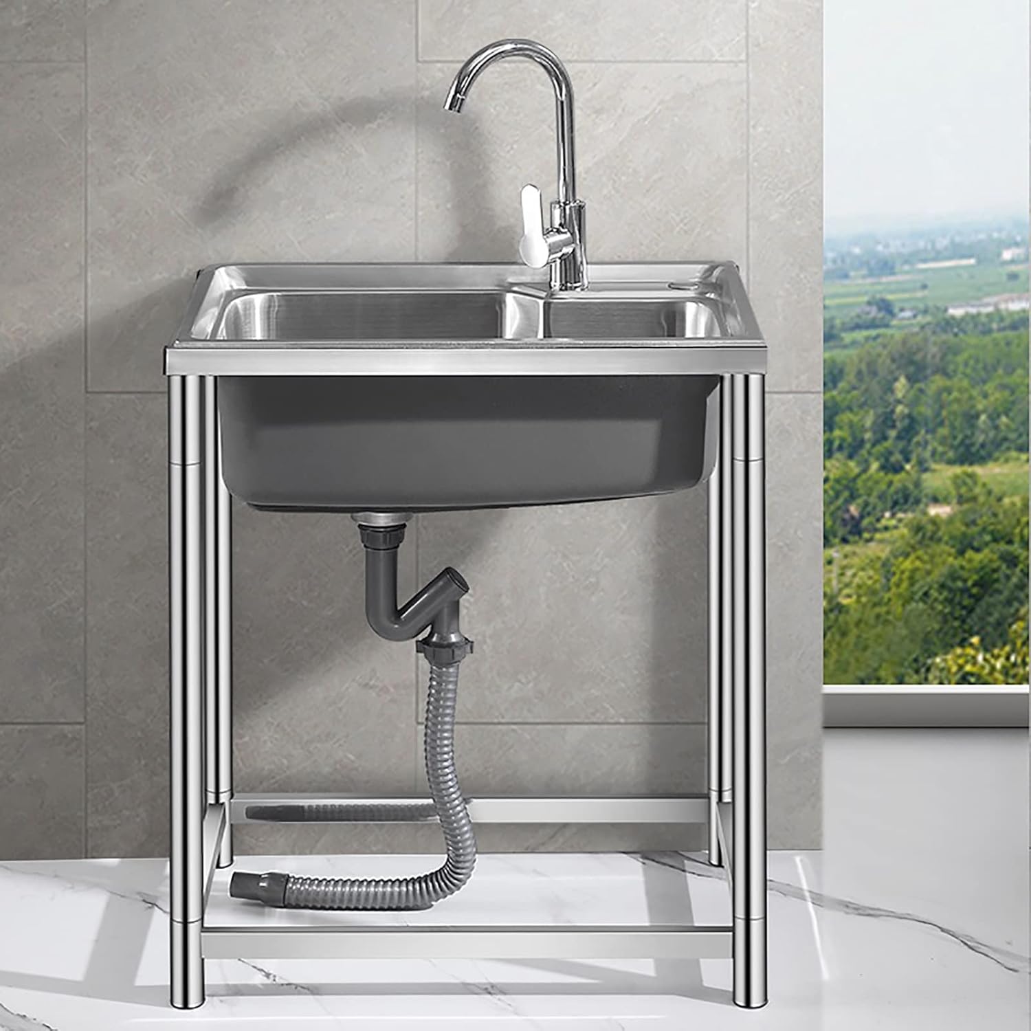 Laundry Sink Commercial Sink Freestanding Stainless Steel Sink with Drainer and Tap Single Bowl Sink for Kitchen Bathroom Restaurant Farmhouse Laundry