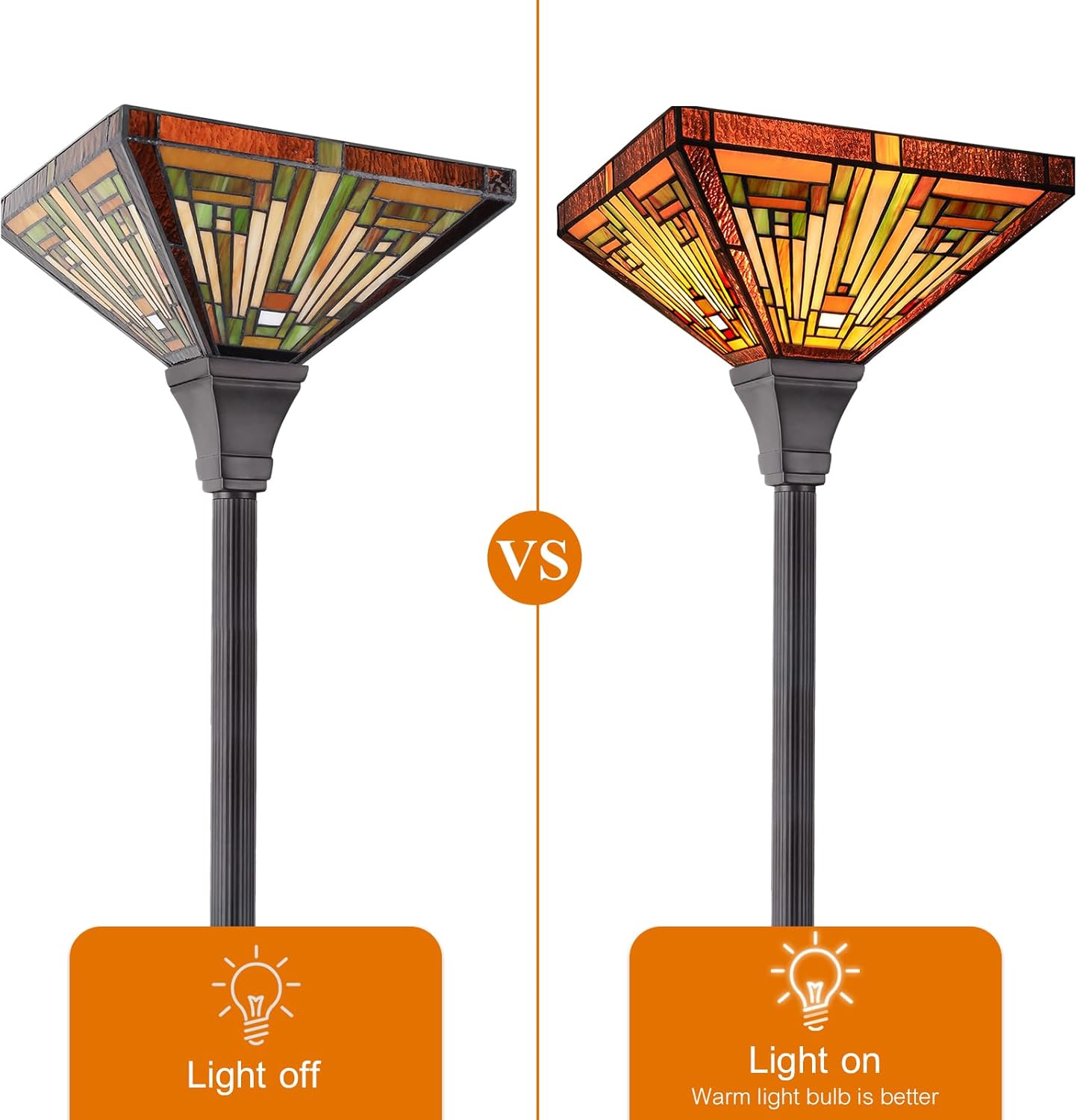 Capulina Tiffany Lamp Stained Glass Torchiere Floor Lamp,12x12x70 Inches Industrial Blackish Bronze Pole Amber Brown Antique Tiffany Style Torch Standing Lamp for Living Room Bedroom Home Office