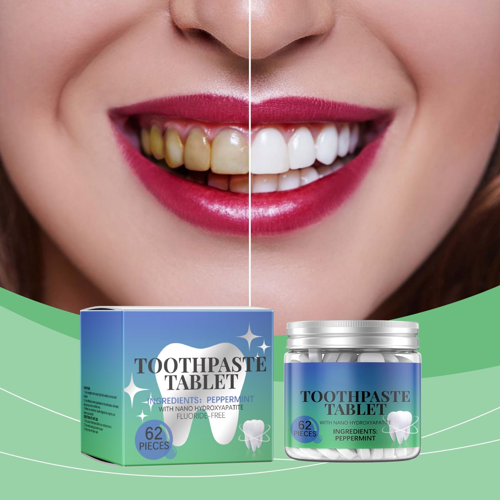 Compresse di dentifricio sbiancante alla menta: rimuovono le macchie, rinforzano lo smalto e alito fresco(3pcs)