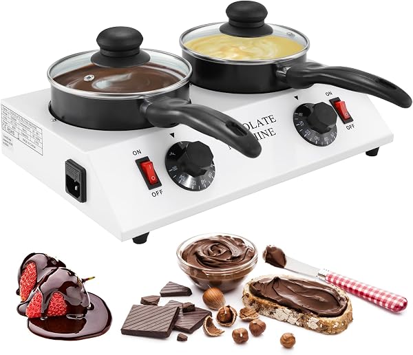WICHEMI Chocolate Melting Pot Chocolate Warmer Chocolate Melter Chocolate Tempering Machine Pot for Home, Commercial Electric Melting for Chocolate, Butter, Cheese, Cream, Candy, Milk (Double Pots) - 1
