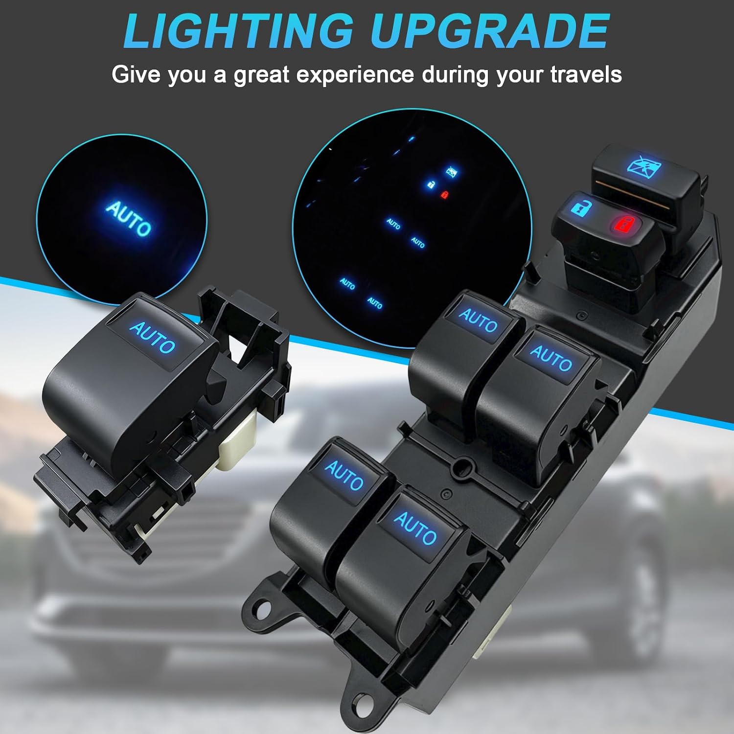 4-Pack Window Switch for 2012-2014 Toyota Camry, 1 Driver + 3 Passenger, Ice Blue LED, AUTO Auto-Up, Pry Tool Included